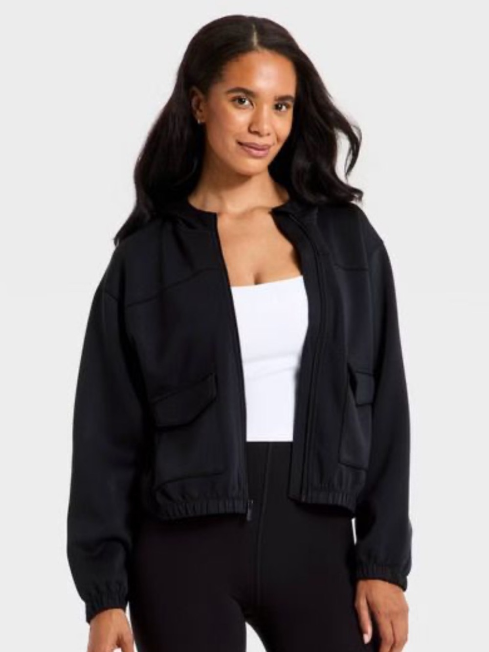 NWT Size XSmall All In Motion Airy Sleek Full Zip Scuba Hooded Black Jacket